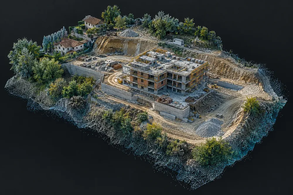 Reprezentare ilustrativă a unui șantier reconstruit ca model 3D și nor de puncte