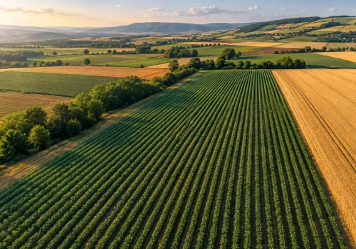 Vedere aeriană ilustrativă a parcelelor agricole și a rândurilor de culturi