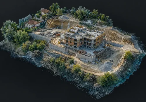 Reprezentare ilustrativă a unui șantier reconstruit ca model 3D și nor de puncte